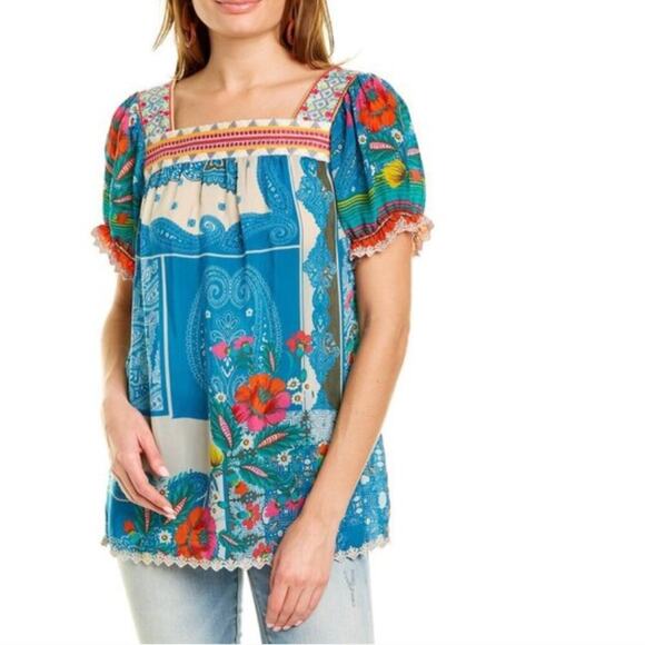 Johnny Was Tops - Johnny Was Hilary Blue Square Neck Printed Puff-Sleeve Blouse